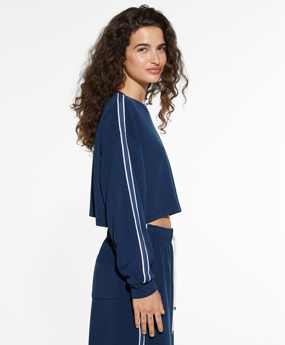 Oysho Ριγέ Modal Crop Sweatshirt σκουρο μπλε μπλε | PGBLUK-673