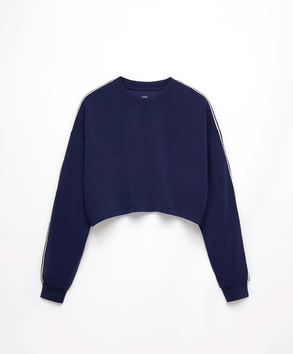 Oysho Ριγέ Modal Crop Sweatshirt σκουρο μπλε μπλε | PGBLUK-673