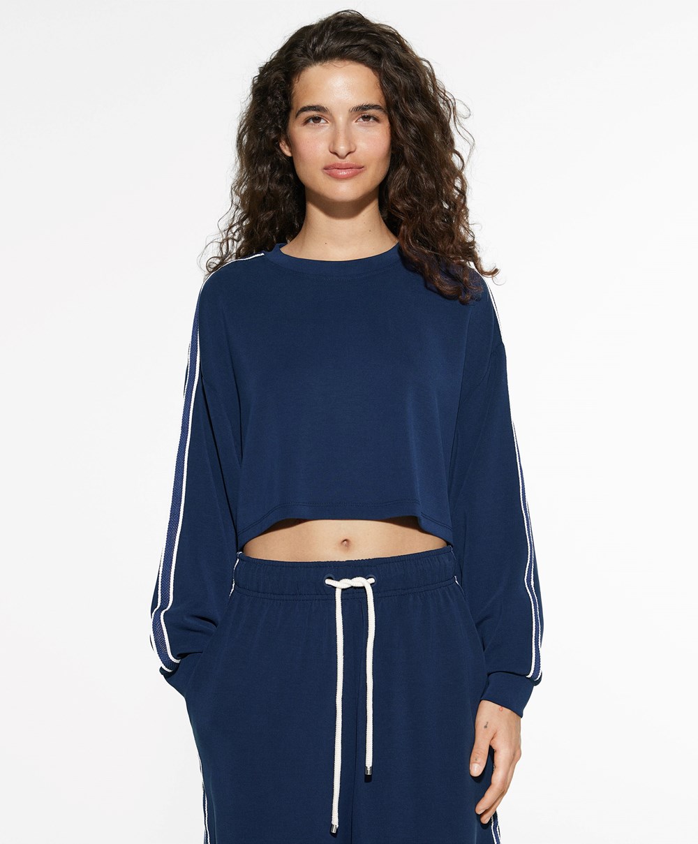 Oysho Ριγέ Modal Crop Sweatshirt σκουρο μπλε μπλε | PGBLUK-673