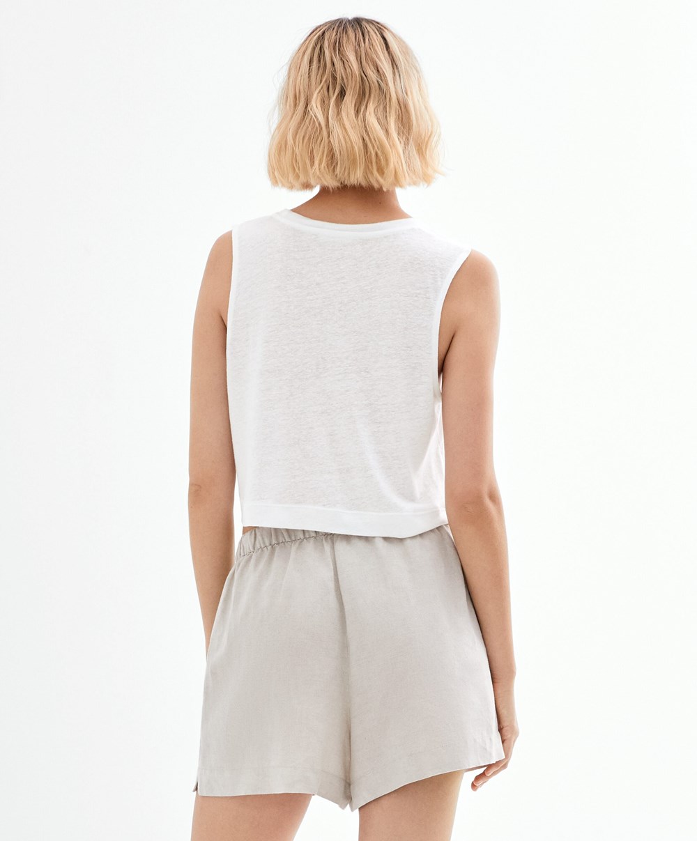 Oysho αμανικα Linen T-shirt ασπρα | QELYSC-736