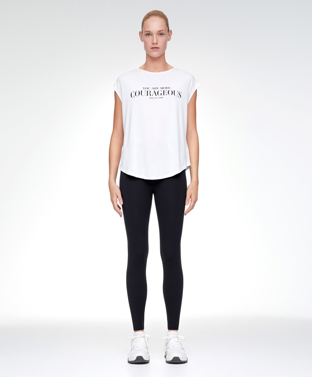 Oysho αμανικα Modal T-shirt With Text Ecru | DPFLZQ-705