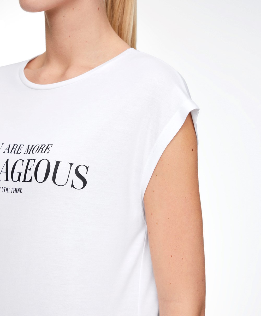 Oysho αμανικα Modal T-shirt With Text Ecru | DPFLZQ-705