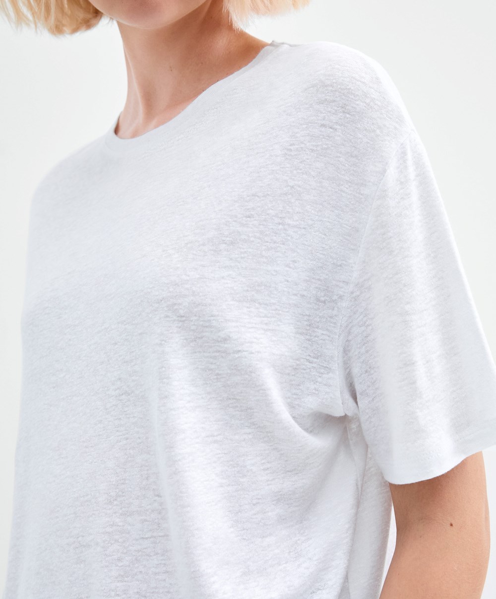 Oysho κοντο Sleeve Linen T-shirt ασπρα | UKTSEB-807