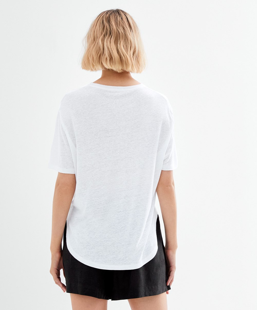 Oysho κοντο Sleeve Linen T-shirt ασπρα | UKTSEB-807