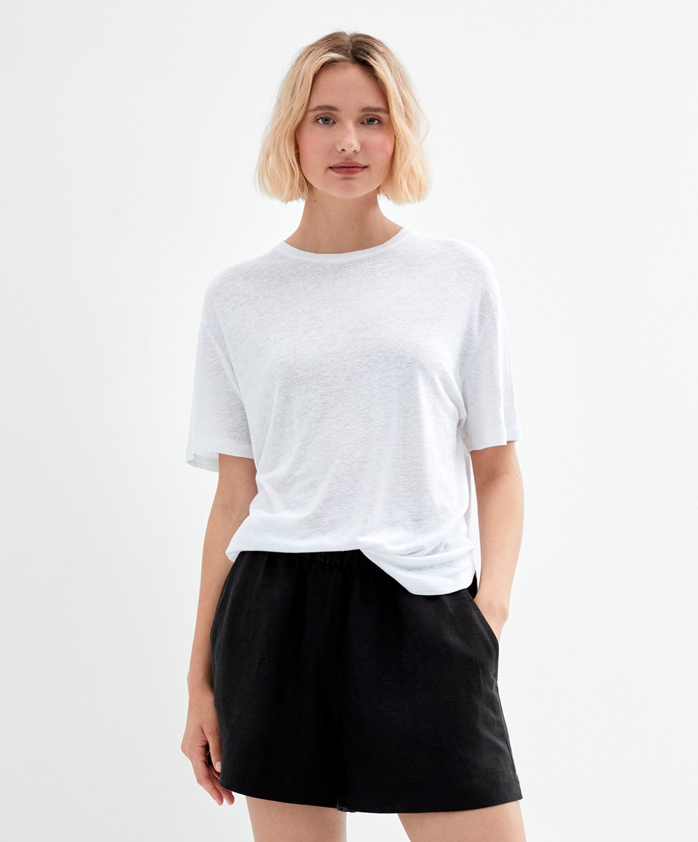 Oysho κοντο Sleeve Linen T-shirt ασπρα | UKTSEB-807