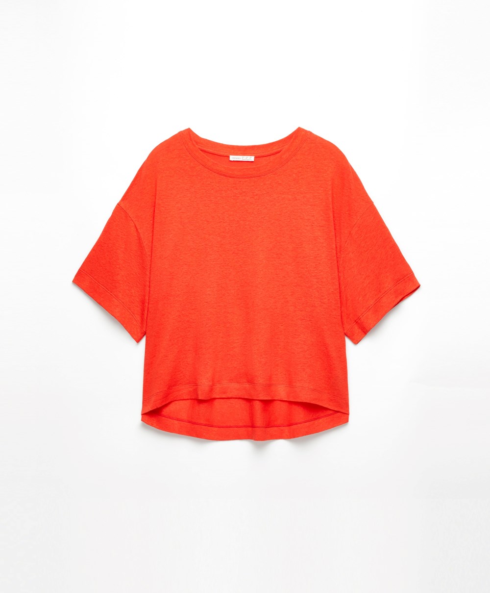 Oysho κοντο Sleeve Linen T-shirt πορτοκαλι | TLSCRE-170