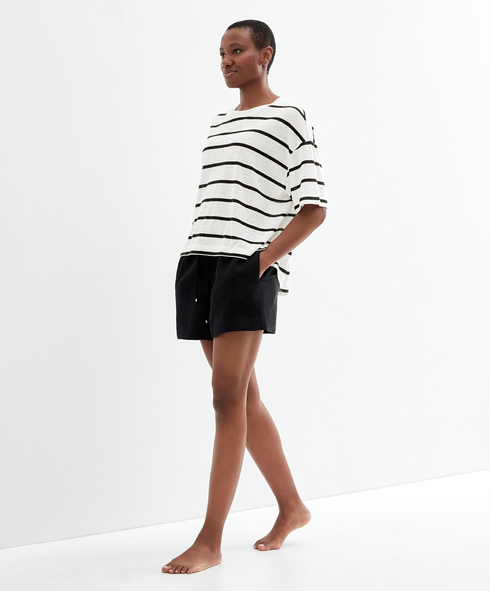 Oysho κοντο-sleeved Linen Stripe T-shirt μαυρα | OAUPXI-024