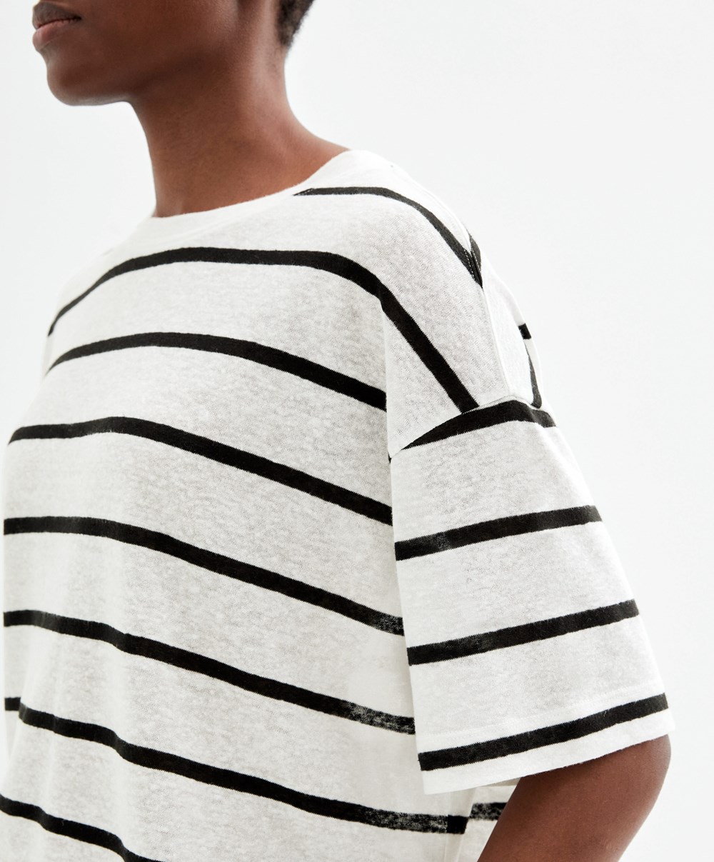 Oysho κοντο-sleeved Linen Stripe T-shirt μαυρα | OAUPXI-024