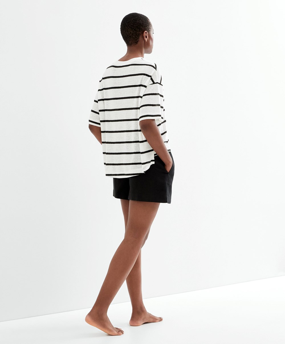 Oysho κοντο-sleeved Linen Stripe T-shirt μαυρα | OAUPXI-024