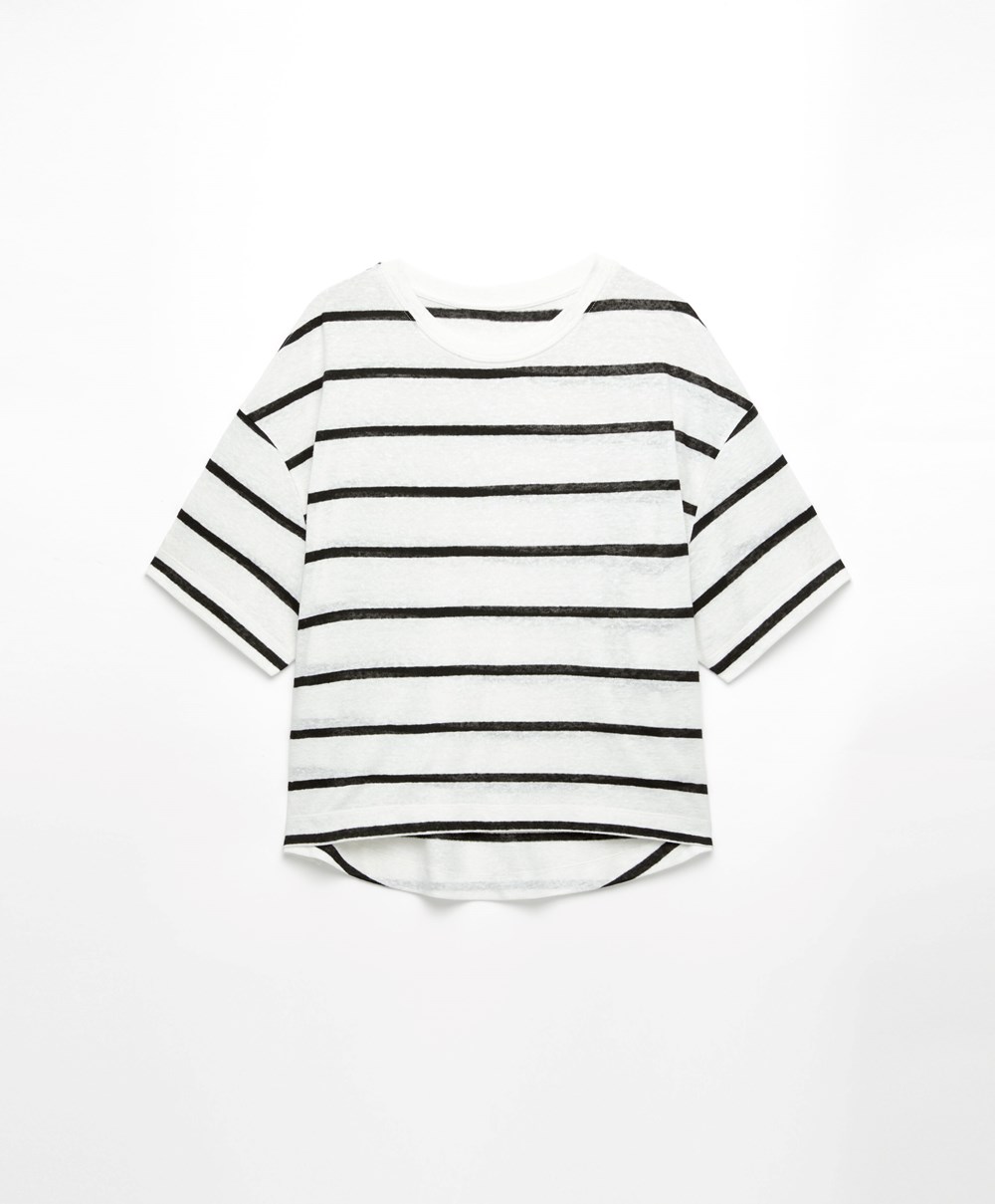 Oysho κοντο-sleeved Linen Stripe T-shirt μαυρα | OAUPXI-024