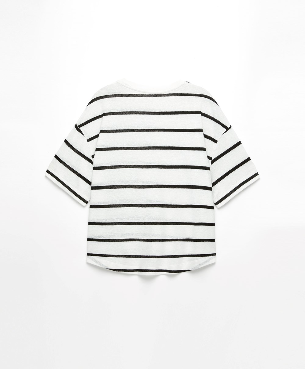 Oysho κοντο-sleeved Linen Stripe T-shirt μαυρα | OAUPXI-024