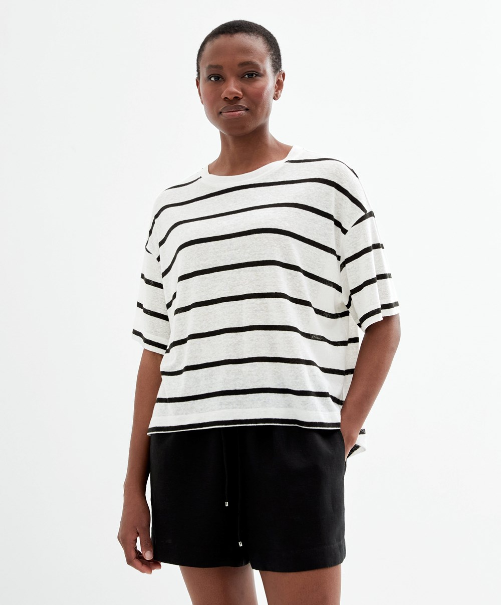 Oysho κοντο-sleeved Linen Stripe T-shirt μαυρα | OAUPXI-024