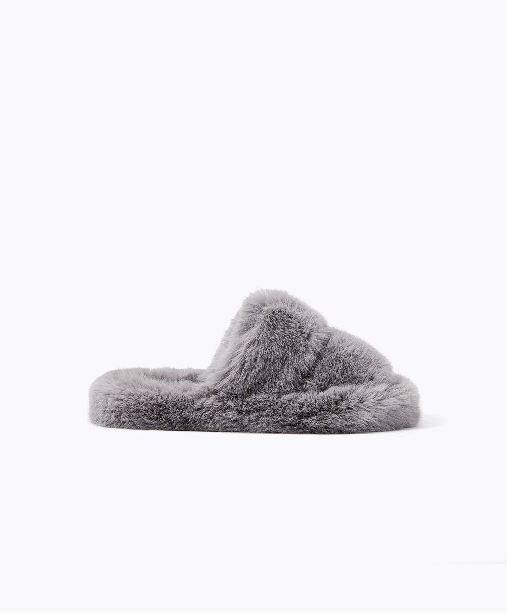 Oysho συνθετικο Fur Double λουρακια Sandals γκρι | WAGKCI-543