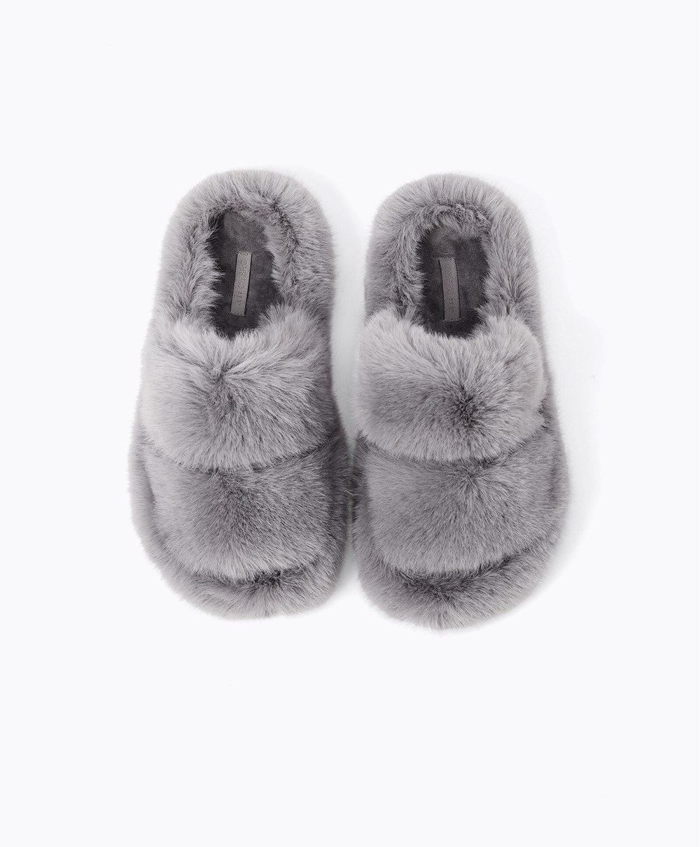 Oysho συνθετικο Fur Double λουρακια Sandals γκρι | WAGKCI-543