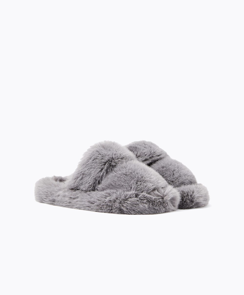 Oysho συνθετικο Fur Double λουρακια Sandals γκρι | WAGKCI-543