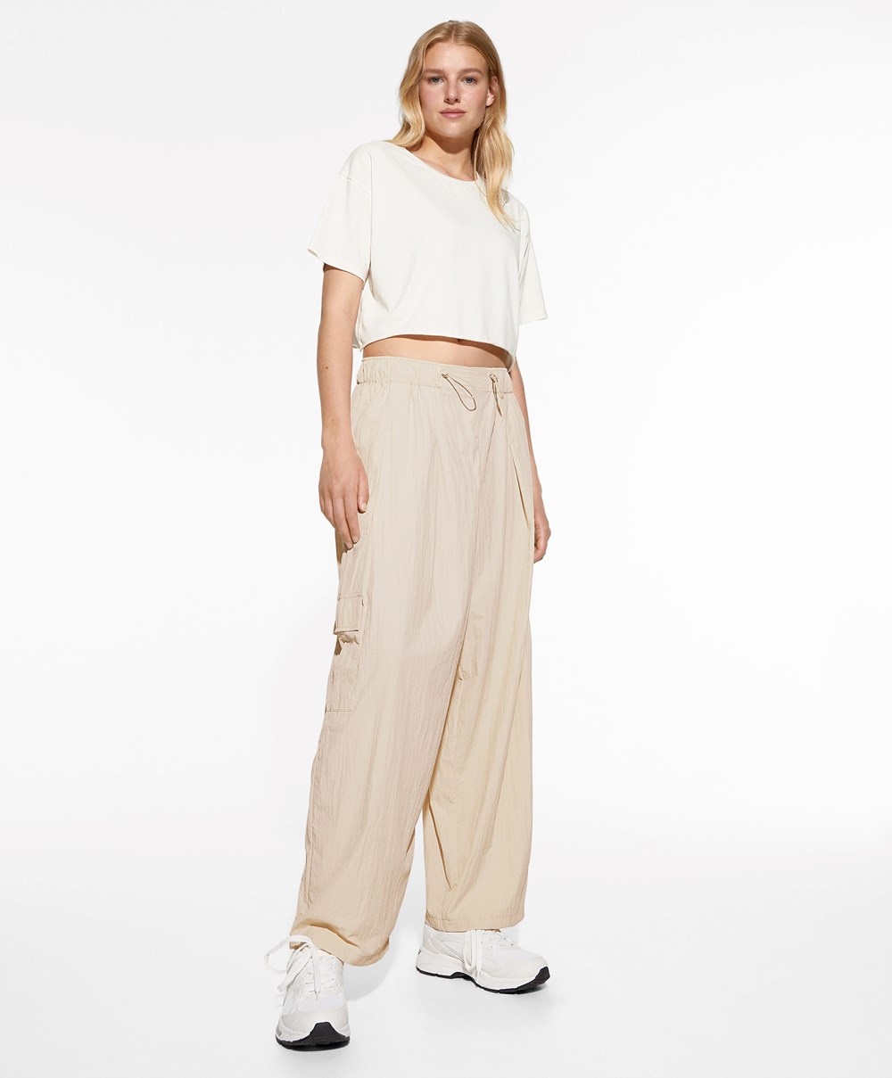 Oysho φαρδια-leg Cargo Trousers Ecru | IYNHUO-138