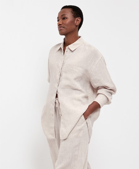 Oysho 100% Linen Long-sleeved Shirt Sand Melange | NUWYZH-923