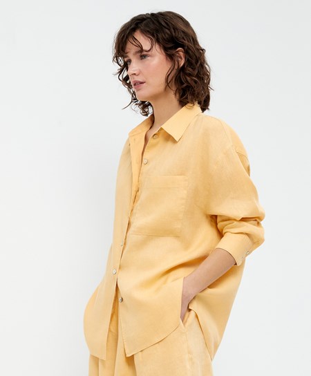 Oysho 100% Linen Long-sleeved Shirt κίτρινα | MEVXHR-170