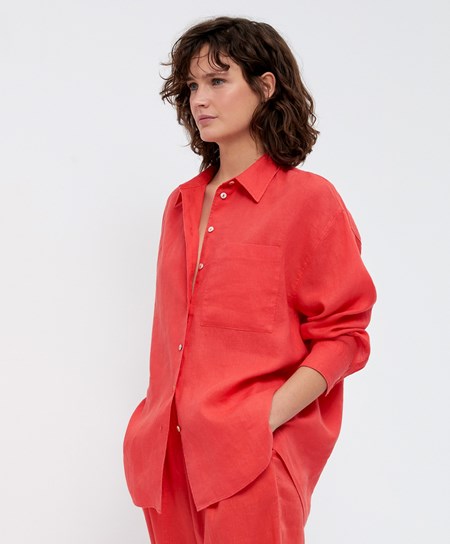 Oysho 100% Linen Long-sleeved Shirt πορτοκαλι | GERUCB-867