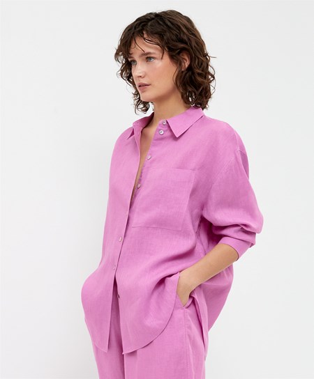 Oysho 100% Linen Long-sleeved Shirt ροζ | NSRDJI-479