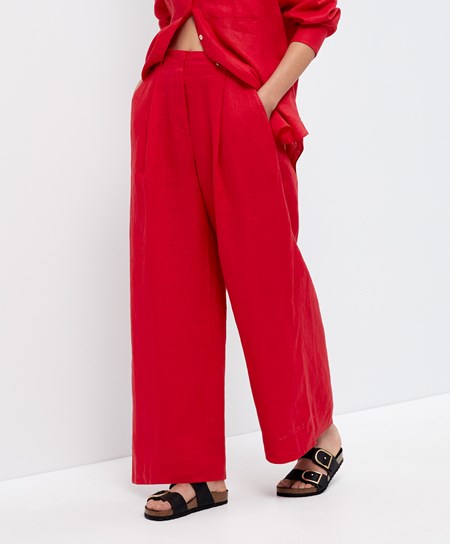 Oysho 100% Linen φαρδια-leg Trousers κοκκινα | IHWVPO-160