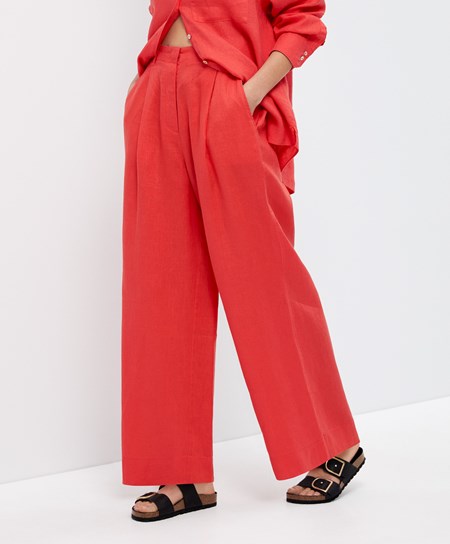 Oysho 100% Linen φαρδια-leg Trousers πορτοκαλι | KHMARG-368