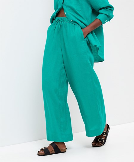 Oysho 100% Linen φαρδια Ευθεία-leg Trousers τυρκουάζ πρασινο | GZMXOF-682