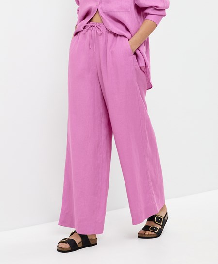 Oysho 100% Linen φαρδια Ευθεία-leg Trousers ροζ | WENFSU-278