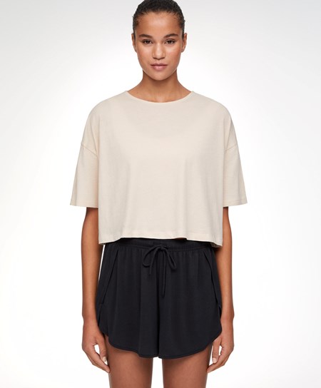 Oysho 100% βαμβακερα Cropped κοντο-sleeved T-shirt Ecru | PIZUYL-817