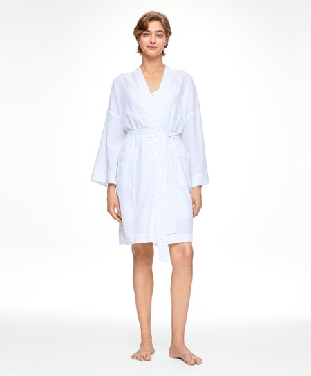 Oysho 100% βαμβακερα Plumeti Dressing Gown ασπρα | NLMJIS-203