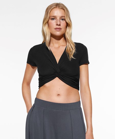 Oysho Crop Modal Knot T-shirt μαυρα | HFTEBC-408