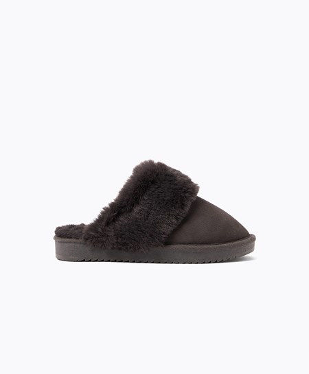 Oysho Cuff Split-leather Slippers γκρι | WJPLOA-703