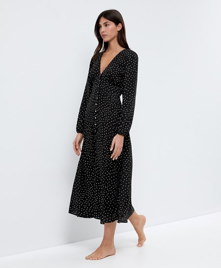 Oysho Dotted Long-sleeved Long φορεμα μαυρα | HPRJXA-862