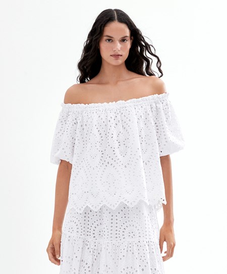 Oysho Embroidered 100% βαμβακερα Off-shoulder Top ασπρα | PHBKEL-157