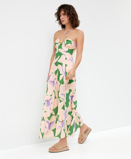 Oysho Floral Linen strappy Long φορεμα πρασινο | XZSIHW-273