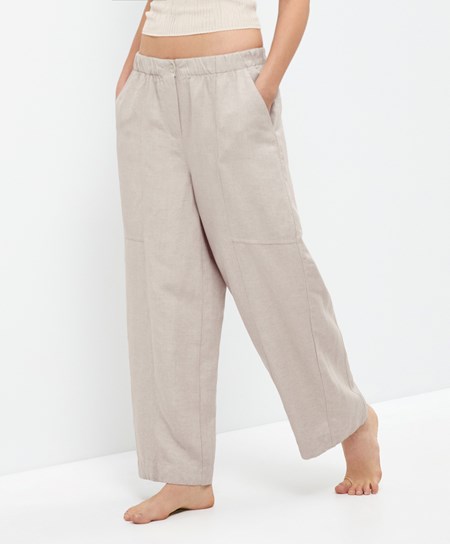 Oysho Linen Barrel Trousers Sand Melange | NBWDYG-608