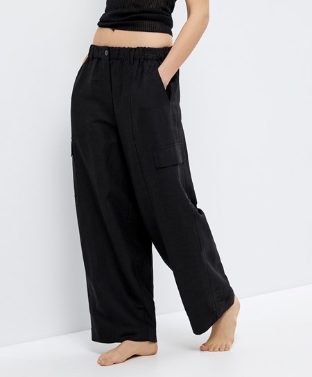 Oysho Linen Cargo Trousers μαυρα | SEVQUY-581