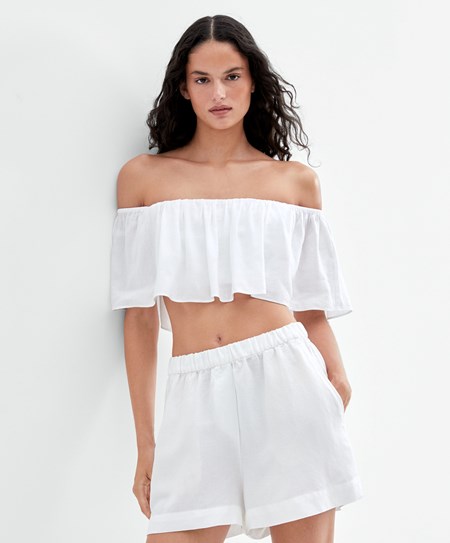 Oysho Linen Off-shoulder Top ασπρα | ZTJRUK-457