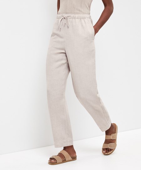 Oysho Linen Relaxed Fit Trousers Sand Melange | GKSELQ-493