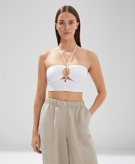 Oysho Linen strappy Top With Stone Details ασπρα | YDCELP-846