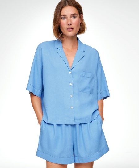 Oysho Linen κοντο-sleeved Shirt μπλε | DLAZCK-320