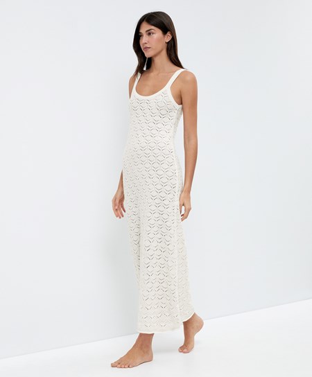 Oysho Long βαμβακερα Crochet φορεμα Bone Whte | TVLIJH-728