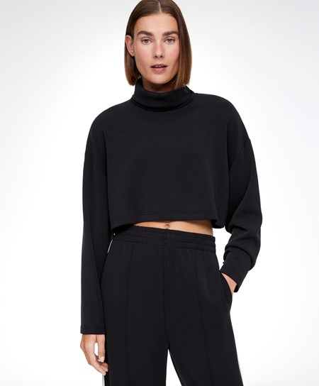 Oysho Modal Roll-neck Crop Sweatshirt μαυρα | FWPJZY-850