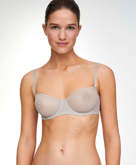 Oysho Non-padded Underwired Balconette Bra In Shiny Tulle ασημι | ELQITO-037