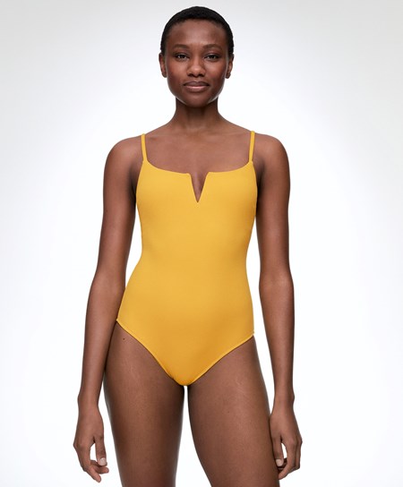 Oysho Piqué V-neck Swimsuit Mid-yellow | IVNTCF-520