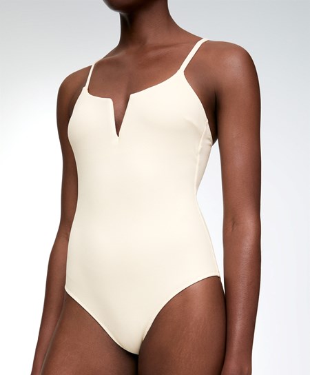 Oysho Piqué V-neck Swimsuit Vanilla | LKNBQM-702