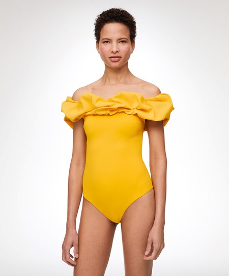 Oysho Ruffle Bandeau Swimsuit Mid-yellow | HRENGU-782