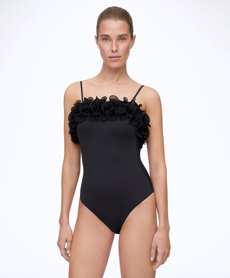 Oysho Ruffled Bandeau Swimsuit μαυρα | YQUJWB-834