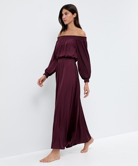 Oysho Satin Off-shoulder Long φορεμα Aubergine | AWRBNS-516