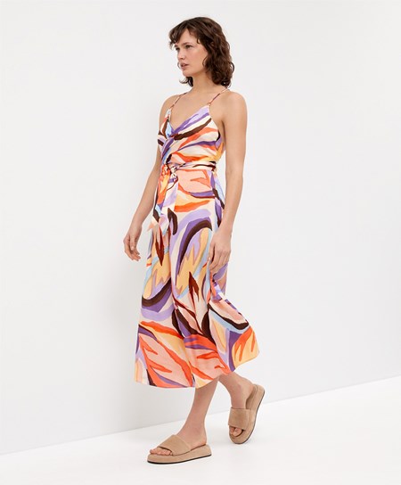 Oysho Satin Printed strappy Long φορεμα βαθυ μωβ | GKROIW-372